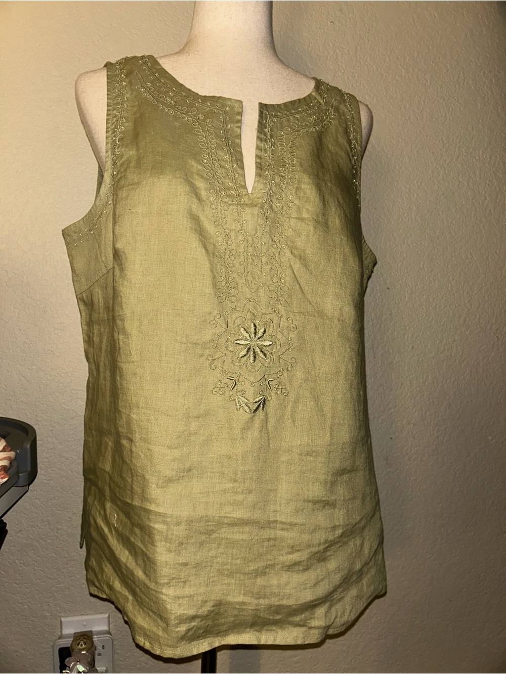 100% Linen Embroidered Beaded Tank Top - Sage Green